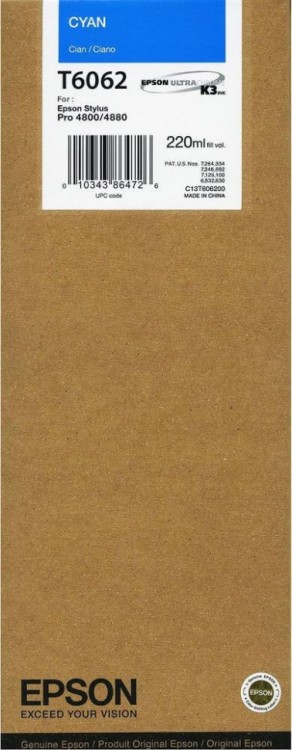 Картридж струйный Epson оригинальный T6062/ C13T606200 (cyan) оригинальный для Stylus Pro 4800/ 4880, голубой, 220ml Картридж струйный Epson оригинальный T6062/ C13T606200 (cyan) оригинальный для Stylus Pro 4800/ 4880, голубой, 220ml