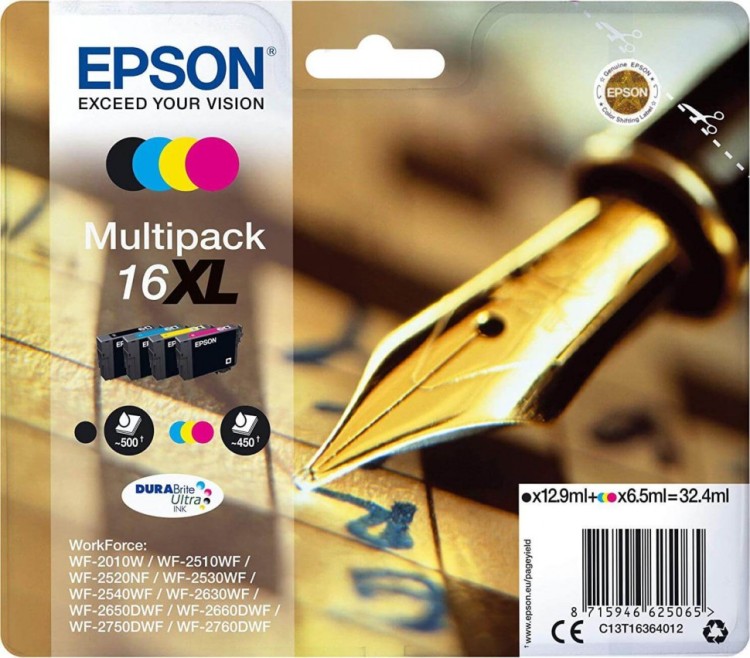 Картридж струйный Epson оригинальный C13T16364010 / C13T16364012 и оригинальные (16XL Multipack) для WorkForce WF-2010W, 4 цвета, увеличенный