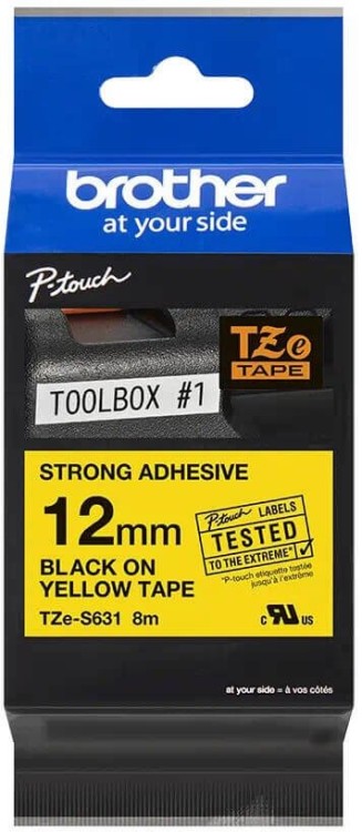 Кассета с лентой для печати наклеек Brother оригинальная TZE-S631 (TZeS631) для P-Touch, сверхклейкая лента 12мм*8м, чёрный на жёлтом Кассета с лентой для печати наклеек Brother оригинальная TZE-S631 (TZeS631) для P-Touch, сверхклейкая лента 12мм*8м, чёрный на жёлтом