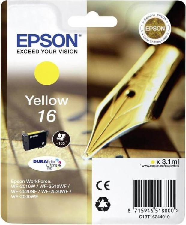 Картридж струйный Epson оригинальный C13T16244010 / C13T16244012 (16 Yellow) оригинальный для WorkForce WF-2010W, жёлтый