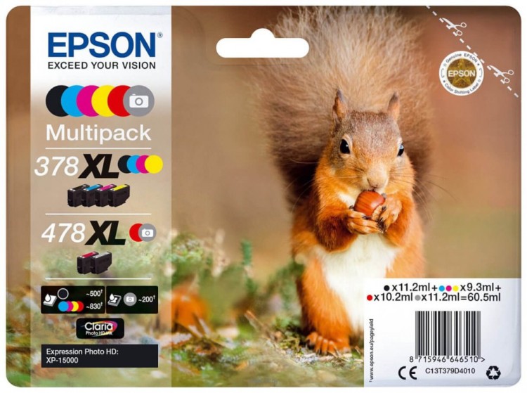 Картридж струйный Epson оригинальный C13T379D4020 / C13T379D4010 набор оригинальных ей (Multipack 378XL/ 478XL) для Expression Photo HD XP-15000, 6 цветов, увеличенный