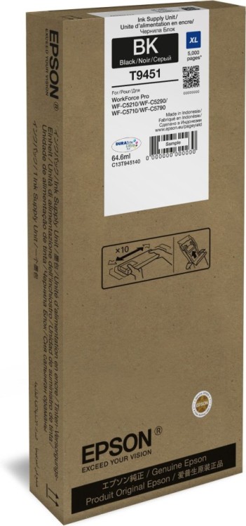 Чернила Epson C13T945140 (T9451 Black) оригинальные для Epson WorkForce Pro WF-C5210/ WF-C5290/ WF-C5710/ WF-C5790 чёрный, 64,6мл, 5000 стр.