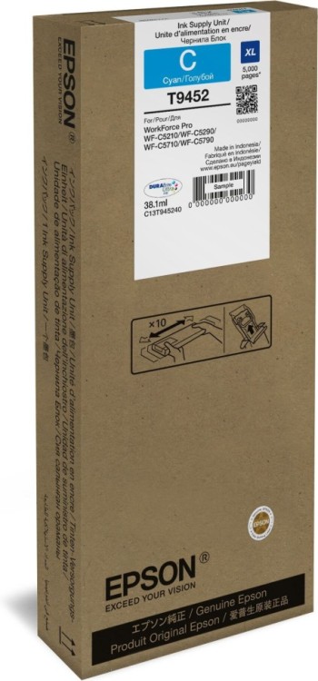 Чернила Epson C13T945240 (T9452 Cyan) оригинальные для Epson WorkForce Pro WF-C5210/ WF-C5290/ WF-C5710/ WF-C5790, голубой, 38.1мл, 5000 стр. Чернила Epson C13T945240 (T9452 Cyan) оригинальные для Epson WorkForce Pro WF-C5210/ WF-C5290/ WF-C5710/ WF-C5790, голубой, 38.1мл, 5000 стр.
