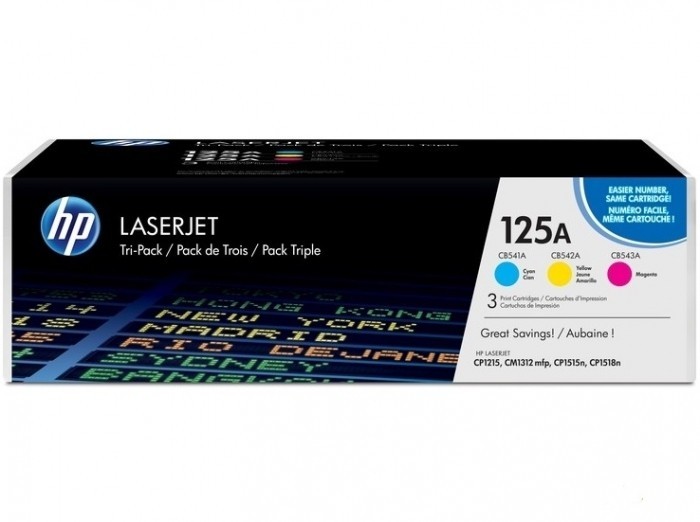 Набор картриджей HP CF373AM (CB541A+CB542A+CB543A) (125A) оригинальный для принтеров Color LaserJet CP1213/ CP1214/ CP1215/ CP1216/ CP1217/ CP1513n/ CP1514n/ CP1515n/ CP1516n/ CP1517ni/ CP1518ni/ CP1519ni/ CM1312, CYM Tri-Pack, 3*1400 страниц