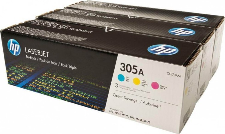 Набор картриджей HP CF370AM (CE411A+CE412A+CE413A) (305A) оригинальный для принтеров CLJ Color M351/ M375/ M451/ M475 CLJ Pro 300 Color M351/ Pro 400 Color M451/ Pro 300 Color MFP M375/ Pro 400 Color MFP M475, 3*2600 стр.