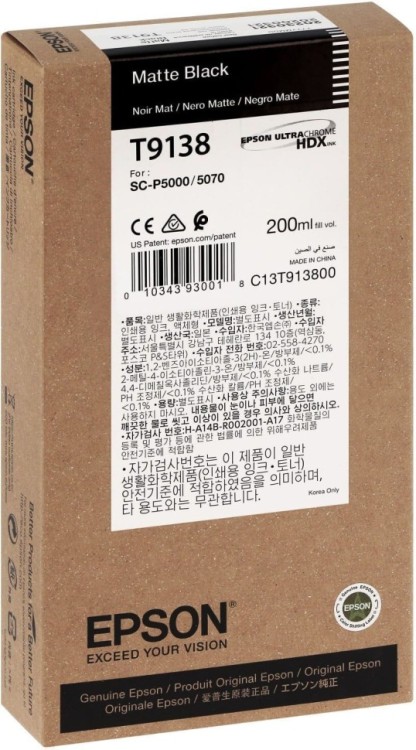 Картридж Epson C13T913800 (T9138 Matte Black) оригинальный для Epson SureColor SC-P5000, матовый чёрный, 200мл