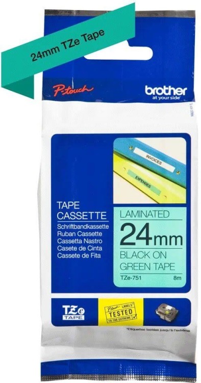 Кассета с лентой для печати наклеек Brother оригинальная TZE-751 (TZe751) для P-Touch, лента 24мм*8м, чёрный на зелёном