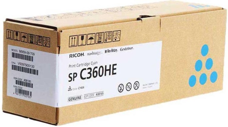 Картридж Ricoh SP C360HE (408185) оригинальный для Ricoh SP C360DNw/ C360SNw/ C360SFNw/ C361SFNw, голубой, 6000 стр.