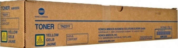 Картридж Konica-Minolta TN-221Y (A8K3250) оригинальный для принтеров bizhub C227/ С287, yellow, 21000 стр.