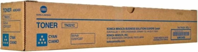 Картридж Konica-Minolta TN-221C (A8K3450) оригинальный для принтеров bizhub C227/ С287, cyan, 21000 стр.