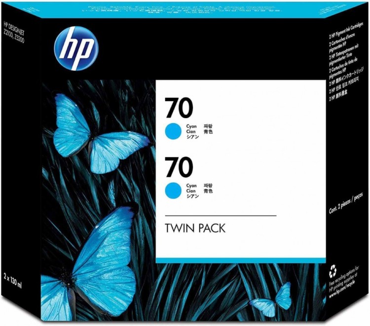 Картридж оригинальный HP №70 (CB343A) Twin Pack (Cyan) для HP DJ Z2100/ Z3100, голубой, 2х130мл Картридж оригинальный HP №70 (CB343A) Twin Pack (Cyan) для HP DJ Z2100/ Z3100, голубой, 2х130мл
