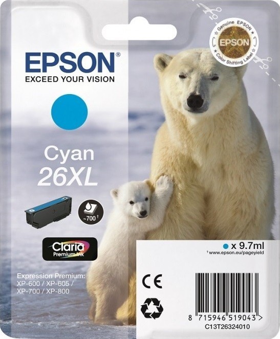 Картридж струйный Epson оригинальный C13T26324010 / C13T26324012 26XL для Expression Premium XP-600/ 605/ 700, голубой, (cons ink)
