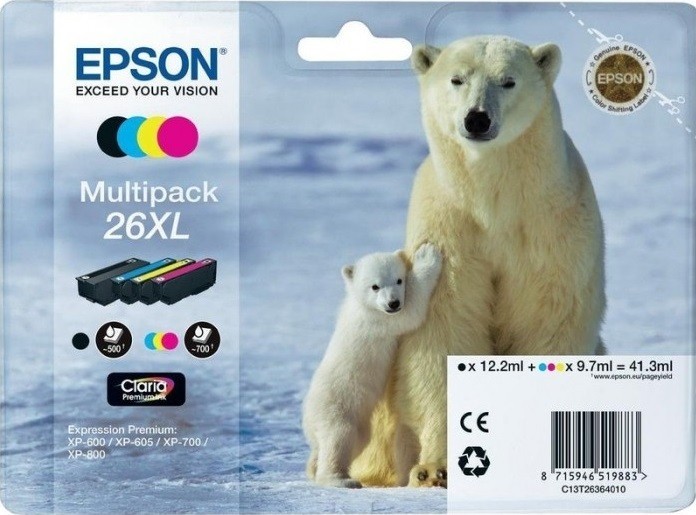 Картридж струйный Epson оригинальный C13T26364010 26XL для Expression Premium XP-600/605/700, 4 цвета, 4clr Pig BK, CY, MA, YE (cons ink)