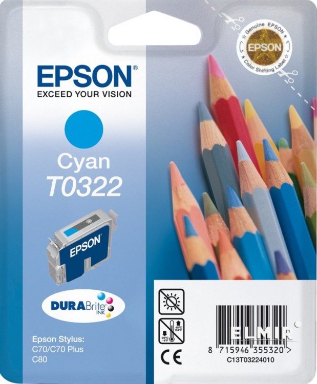 Картридж струйный Epson оригинальный T0322 Epson ST C70/80 голубой