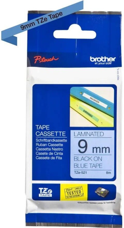 Кассета с лентой для печати наклеек Brother оригинальная TZE-521 (TZe521) для P-Touch, лента 9мм*8м, чёрный на синем