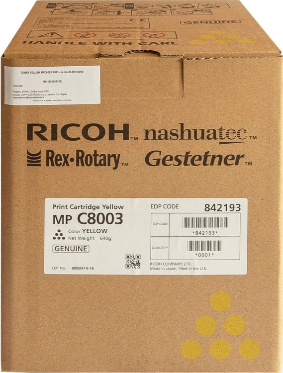 Картридж Ricoh MPC8003 (842193) оригинальный для Ricoh Aficio MP C6503/ C8003SP, желтый, 26000 стр. Картридж Ricoh MPC8003 (842193) оригинальный для Ricoh Aficio MP C6503/ C8003SP, желтый, 26000 стр.