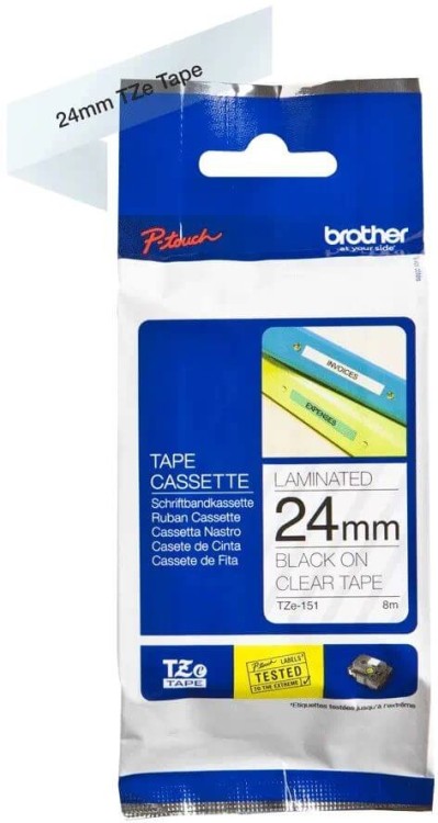 Кассета с лентой для печати наклеек Brother оригинальная TZE-151 (TZe151) для P-Touch, лента 24мм*8м, чёрный на прозрачном