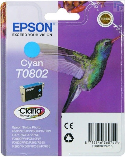 Картридж струйный Epson оригинальный C13T08024011 / C13T08024010 T0802 голубой, стандартной емкости P50/PX660 (cons ink)
