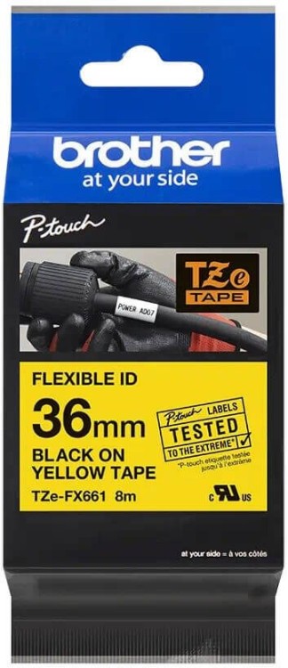 Кассета с лентой для печати наклеек Brother оригинальная TZE-FX661 (TZeFX661) для P-Touch, лента 36мм*8м, чёрный на жёлтом Кассета с лентой для печати наклеек Brother оригинальная TZE-FX661 (TZeFX661) для P-Touch, лента 36мм*8м, чёрный на жёлтом