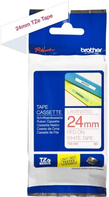 Кассета с лентой для печати наклеек Brother оригинальная TZE-252 (TZe252) для P-Touch, лента 24мм*8м, красный на белом Кассета с лентой для печати наклеек Brother оригинальная TZE-252 (TZe252) для P-Touch, лента 24мм*8м, красный на белом
