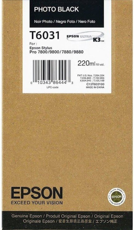 Картридж струйный Epson оригинальный T6031/ C13T603100 (photo black) оригинальный для Stylus Pro 7800/ 7880/ 9800/ 9880, чёрный фото, 220ml