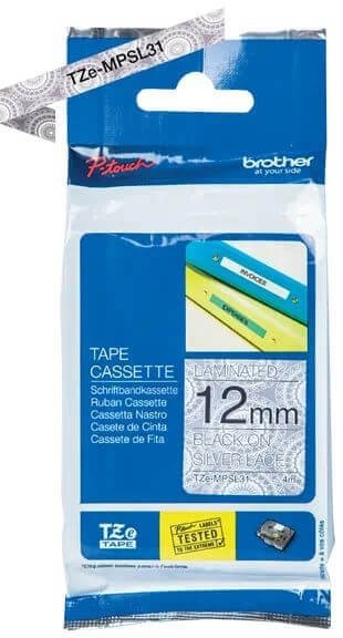 Кассета с лентой для печати наклеек Brother оригинальная TZE-MPSL31 (TZeMPSL31) для P-Touch, лента 12мм*4м, чёрный на серебристом орнаменте