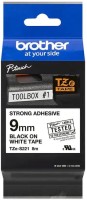 Кассета с лентой для печати наклеек Brother оригинальная TZE-S221 (TZeS221) для P-Touch, сверхклейкая лента 9мм*8м, чёрный на белом