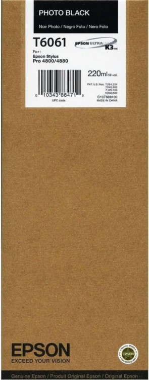 Картридж струйный Epson оригинальный T6061/ C13T606100 (photo black) оригинальный для Stylus PRO 4800/ 4880, чёрный фото, 220ml Картридж струйный Epson оригинальный T6061/ C13T606100 (photo black) оригинальный для Stylus PRO 4800/ 4880, чёрный фото, 220ml